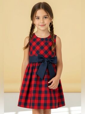 Cat & Jack Red and Blue Plaid Sleeveless Formal Dress with Bow Size M 7/8